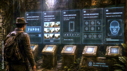 explorer in ancient temple is confronted with modern computer verification tasks in satire comparing to ancient riddles and puzzles