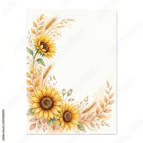Elegant Watercolor Sunflower Postcard Frame With Warm Golden Tones.