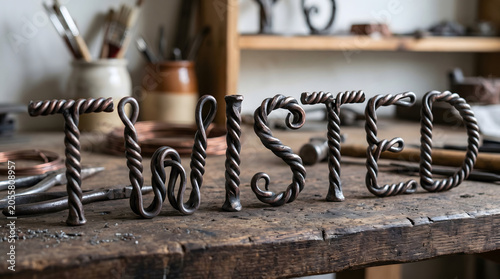the word TWISTED made of twisted metallic shapes on workbench