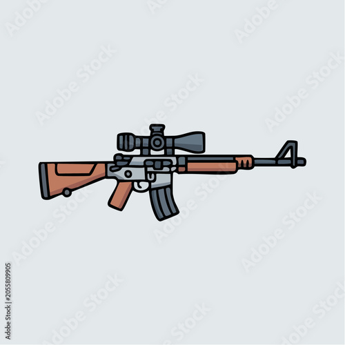 Modern tactical rifle with scope and orange stock illustrated in flat
