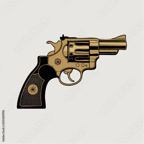 Gold colored revolver pistol gun illustration with black handle