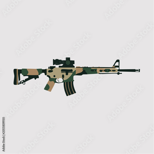 Camouflage rifle with scope and magazine isolated on white background