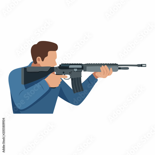 Man aiming black rifle gun in blue shirt isolated on white background