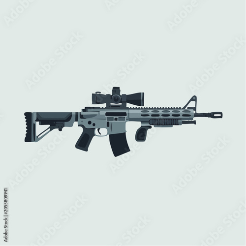 Realistic grey tactical rifle with scope and magazine isolated
