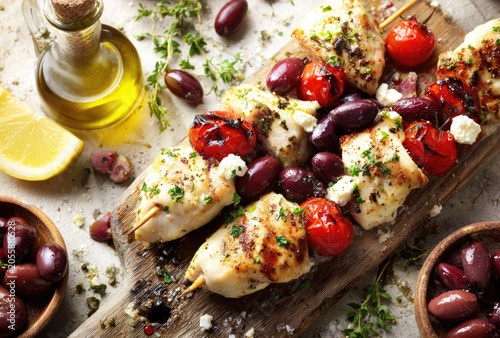 Grilled Chicken Skewers with Olives and Tomatoes A Mediterranean Delight.