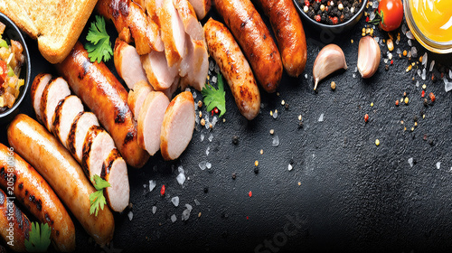 Grilled Sausages with Condiments and Garnishes on Dark Surface.