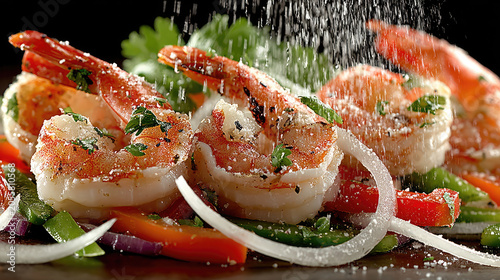 Grilled Shrimp Salad with Fresh Vegetables and Herb Garnish.