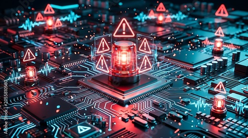 Red flashing siren light on computer processor chip surrounded by warning triangles indicating critical hardware failure or severe cyber attack alert