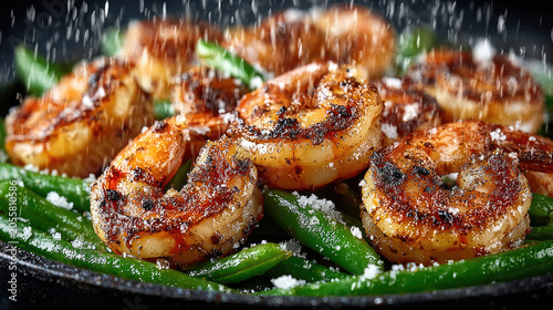 Grilled Shrimp with Green Beans and Sprinkled Salt.