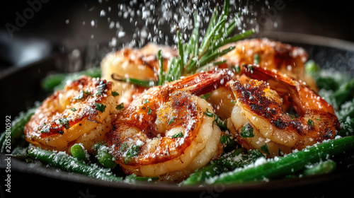 Grilled Shrimp with Green Beans and Rosemary Sprig.