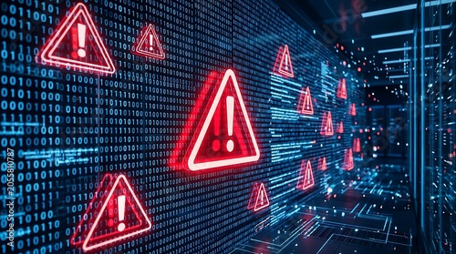 Red warning alert triangles floating in digital server room with binary code background indicating network error