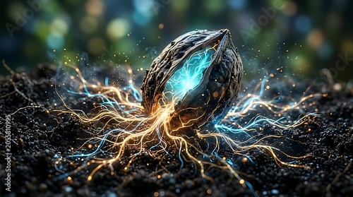 Glowing magical seed pod bursting with blue and orange energy roots in dark soil representing growth and biotechnology