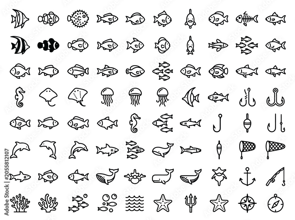 Fototapeta premium Ocean Life and Fishing Line Icon Set