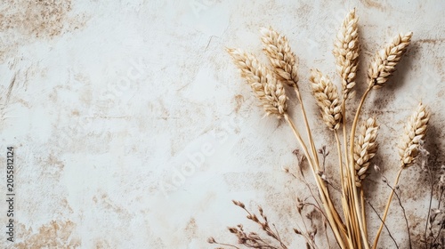 Dried wheat stalks and wildflowers on textured background