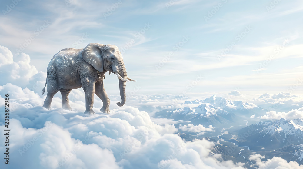 Fototapeta premium Dreamy Surrealism of a Giant Elephant Walking on Clouds Above Mountains