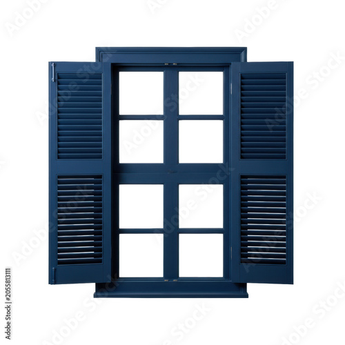 photorealistic twelve-pane classic wooden window unit with open louvered navy blue shutters, tilt-shift perspective, isolated on transparent background, concept of architectural precision