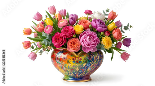 Luxury Heart-Shaped Rainbow Ceramic Flower Pot with Colorful Tulips, Peonies and Roses Isolated on White Background