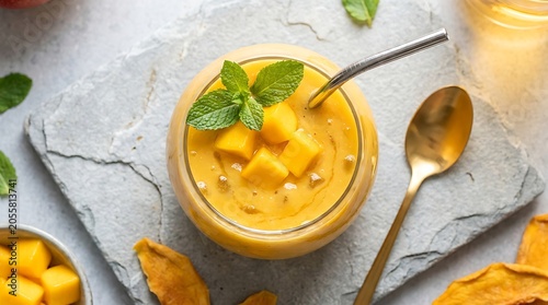 Top view of a delicious mango smoothie in a glass, garnished with fresh mint leaves and mango cubes, served with a metal straw and a gold spoon on a stone surface