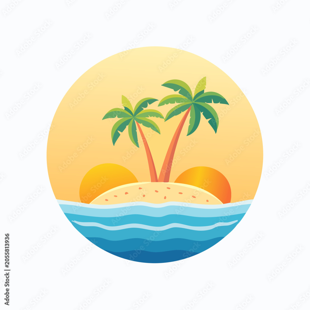 Fototapeta premium Tropical island paradise with palm trees and ocean waves.