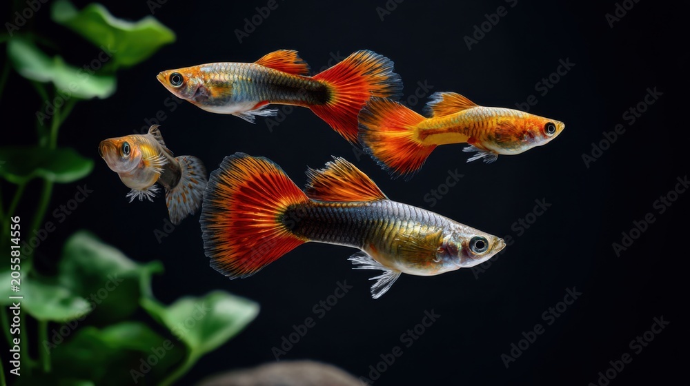 Fototapeta premium Colorful Guppy Fish Swimming in Aquarium Surrounded by Greenery