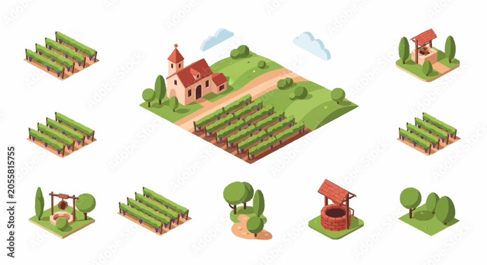 Fototapeta premium Isometric vineyard landscape with a church, wells, and trees in a stylized, cartoonish design.