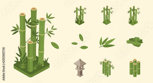 Photography Collection of isometric bamboo plants and elements, including a stone lantern, isolated on a light background