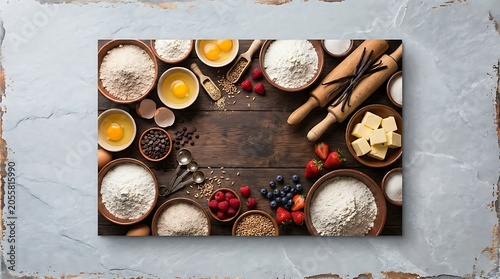 Baking ingredients and tools on a rustic wooden background, top view with copy space for text flour, eggs, butter, chocolate chips, fresh berries, and vanilla beans for cooking