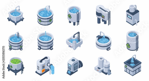 Photos Isometric collection of industrial tanks and containers for liquid processing and storage