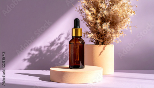 Amber Glass Dropper Bottle on Pedestal: An amber glass dropper bottle sits elegantly on a modern pedestal, surrounded by dried botanicals and bathed in soft, diffused light.