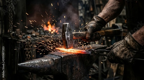 Blacksmith at Work: A blacksmith's skilled hands, protected by gloves, rhythmically strike glowing hot metal with a hammer on an anvil.
