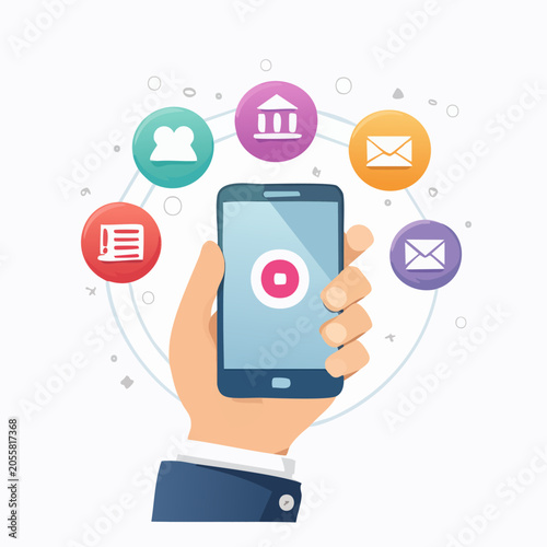 Smartphone in hand with application icons around it.