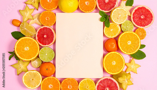 Colorful Citrus Frame: A vibrant assortment of fresh, sliced citrus fruits including oranges, grapefruits, limes, and starfruit, arranged in a decorative border around a blank sheet of paper.