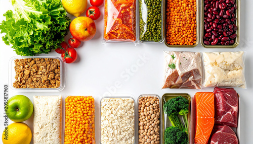 Healthy Ingredients Assortment: A vibrant arrangement of fresh produce, lean proteins, grains, and legumes, showcasing a balanced diet of nutritious foods.