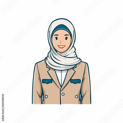 Illustration of a smiling woman wearing a hijab and a business suit