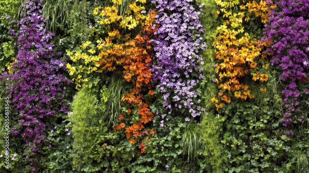Obraz premium Lush, vibrant floral wall, bursting with a spectrum of colors and diverse plant life