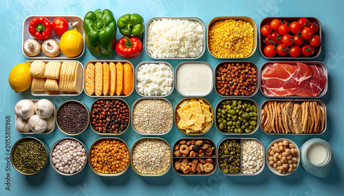 A Culinary Collection: An overhead view showcases a vibrant assortment of fresh ingredients and pantry staples meticulously arranged in metallic containers against a textured blue background.