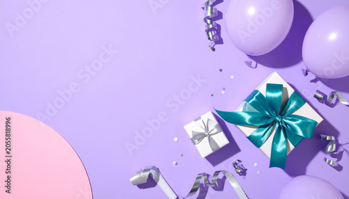 Celebration Scene: A delightful arrangement of party elements, including pastel-colored balloons, gift boxes, and festive streamers, set against a soft lilac background.