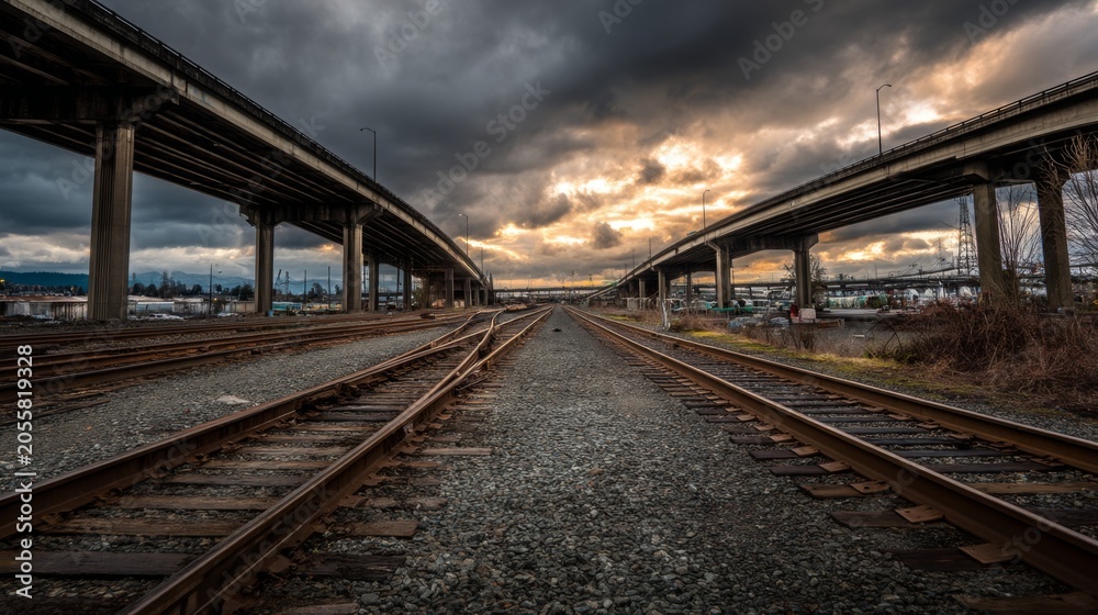 Obraz premium Sunset Over Urban Railroad Tracks with Dramatic Clouds Above, Capturing Contrast Between Infrastructure and Nature's Beauty