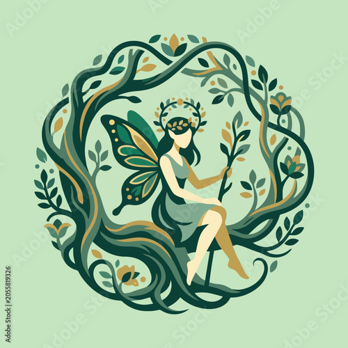 Obraz na plátně A magical fairy sits inside a circular frame of green branches