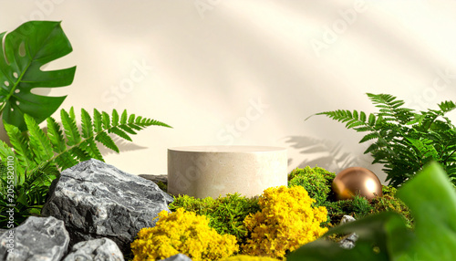 Nature's Stage: A serene and organic display, featuring a circular pedestal surrounded by lush green moss, vibrant yellow flowers, ferns, and natural rocks.