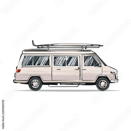White van with roof rack luggage.