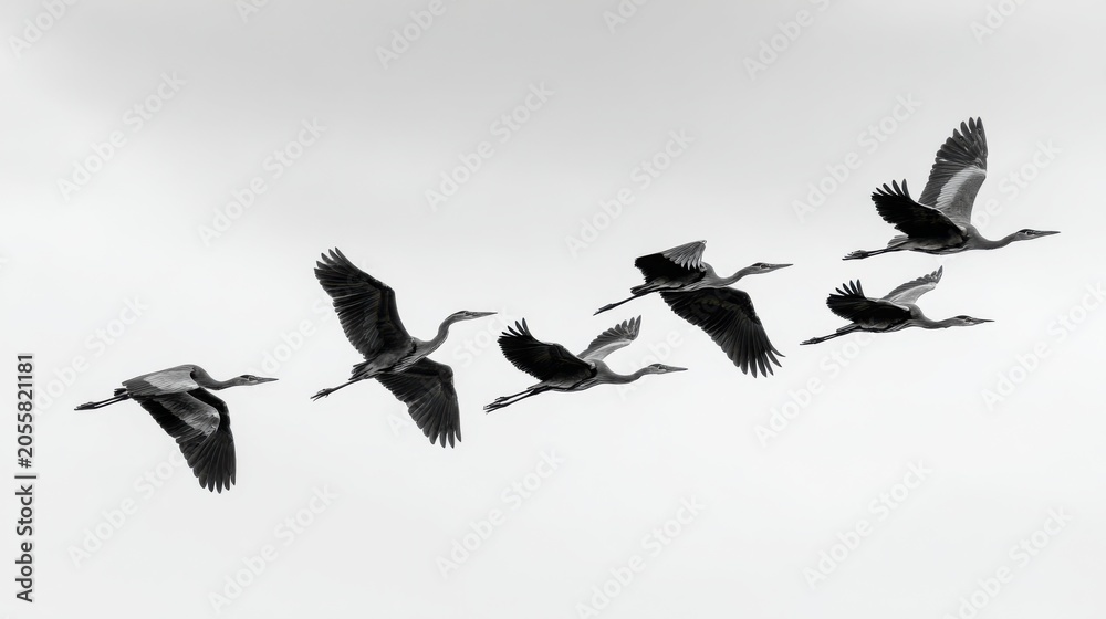Obraz premium Graceful Cranes in Flight Against a Soft Gray Sky