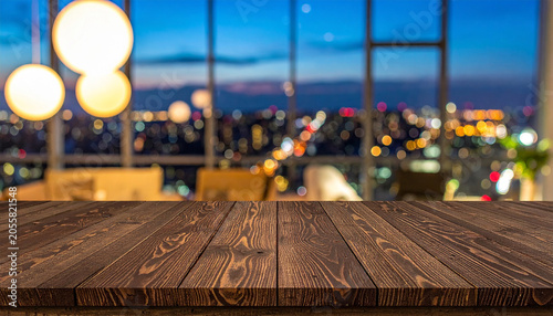 Empty Wooden Table with Cityscape View