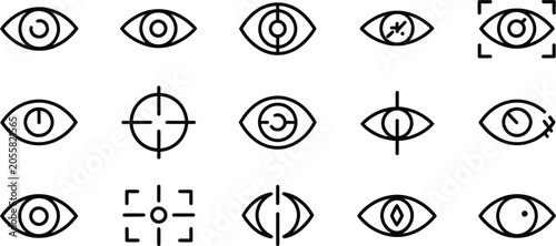 Eye Icon Set: A collection of minimalist, line-art icons representing eyes in various styles, including targeting reticles and focus frames, symbolizing vision, surveillance, and observation.