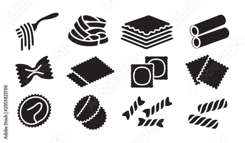 Bild auf Leinwand Black icons illustrating different types of pasta shapes and ingredients