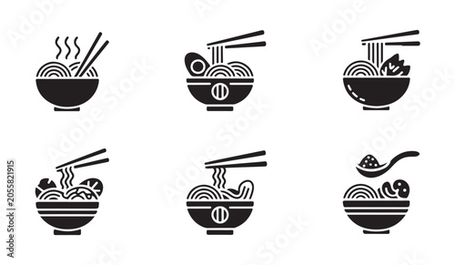 Restaurant ramen food icons set including bowls with ingredients for culinary design usage.