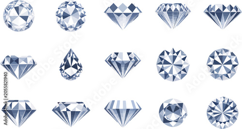 Collection of Diamonds: A visually stunning array of meticulously cut diamonds, showcasing various facets and brilliant cuts, presented in a clean, organized composition.