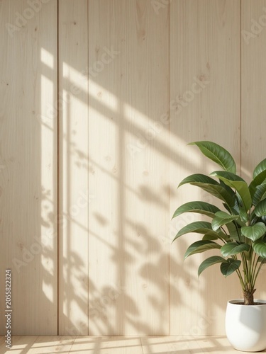 Minimalist interior background featuring a lush green tropical houseplant in a modern white ceramic pot against a light natural wooden wall. Soft sunlight and window shadows create a warm, cozy, Scand