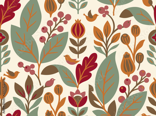 Foto Autumn Folk Art Seamless Pattern with Birds and Botanical Leaves