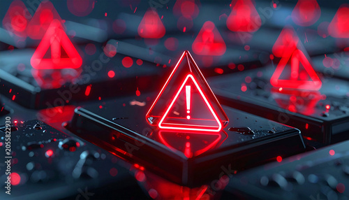 Cybersecurity Alert: A close-up view of a computer keyboard with glowing red warning symbols, signaling a digital security threat or system error.